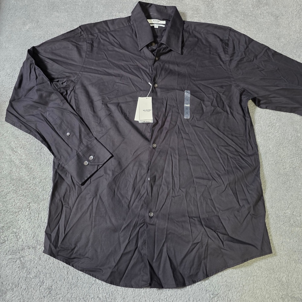 Murano Mens Large Button Down Shirt Black Silk Blend Long Sleeve Solid Dressy